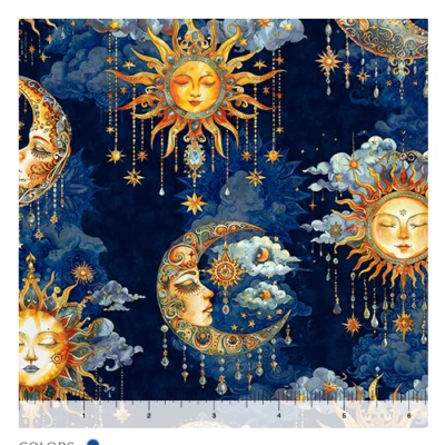 QUILTING TREASURES BOHEMIAN SUNRISE BY QT STARS MOON SUN CELESTIAL MIDNIGHT SKY DIGITAL FABRIC HY