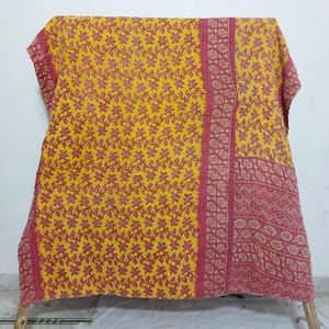Vintage Yellow FloralKantha Bedspread Indian Handmade Quilt Throw Cotton Blanket - Picture 1 of 2