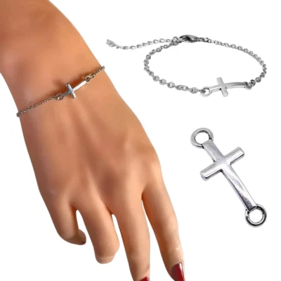 Bracciale con Croce argento Catena Acciaio inox ciondolo Uomo Donna braccialetto - Immagine 1 di 4