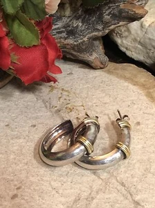 13. Vintage M 925 Sterling Silver Yellow Accent Wide Hoop Earrings 1 1/8+", 6.9g - Picture 1 of 18
