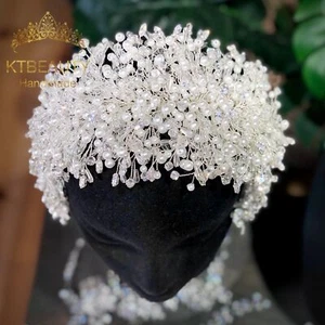 Rhinestone Big Wide Tiara Zircon Stones Pearl Flexible Tiara Royal Bridal Crown - Picture 1 of 9