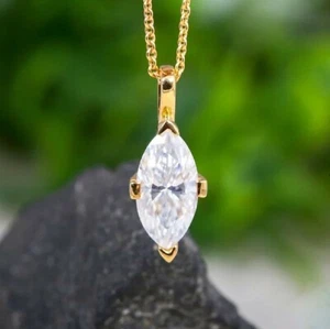 14K Yellow Gold Plated 1.50 CTW Marquise Cut Moissanite 18" Chain Women Pendant - Picture 1 of 8