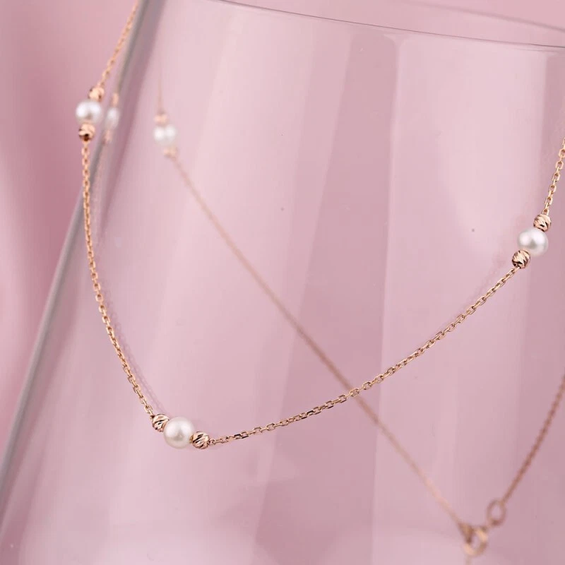 Halskette 40-45cm Ball Kugel Weissen Perlen Rotgold 585/14kt Gold NEU - Bild 1 von 1