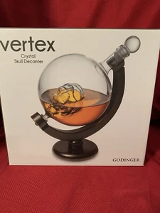 Godinger Whiskey Globe Skull Decanter Vertex Crystal Glass & Wood New In Box - Picture 1 of 23