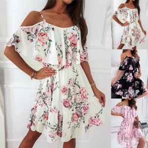 Womens Boho Floral Mini Dress Ladies Strappy Holiday Beach Ruffle Swing Sundress - Picture 1 of 14