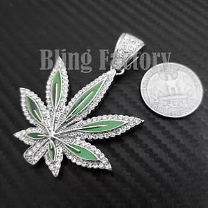 Iced Hip Hop Silver Plated Cubic Zirconia Marijuana Weed Leaf Fashion Pendant - Picture 1 of 2