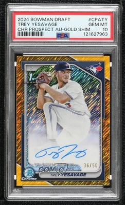 2024 Bowman Draft Gold Shimmer Refractor 36/50 Trey Yesavage PSA 10 GEM MT Auto - Image 1 of 3