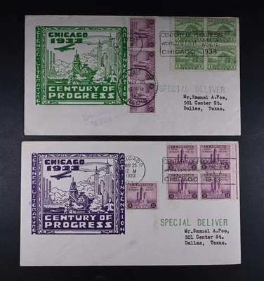 May 25 1933 FDC USA Scott # 728 729 Stamp Cachet VF Cover Special Delivery RPO - Image 1 of 2