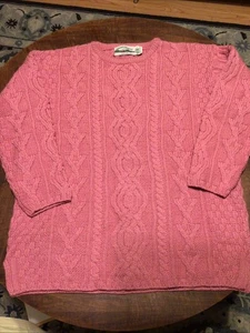 Vintage Aran Crafts Sweater Sz L Large Pink Cable Knit Wool Fisherman Ireland - Picture 1 of 8