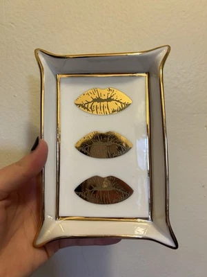Jonathan Adler Lips Valet Tray Gold Catchall Gold White Lipstick Kiss Bridal - Image 1 of 4