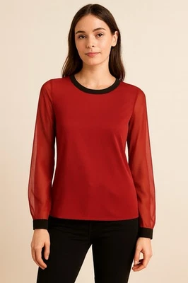 DKNY Y2K Vintage Sheer Silk Long Sleeve Red Brown Blouse + Cami Set S New NWOT - Image 1 of 4