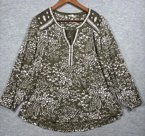 Lucky Brand 1X Top Floral Embroidered Green Boho Shirt - Picture 1 of 7