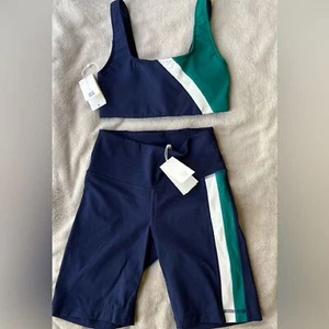 Tory Burch blue/white/green color block sports bra & highrise bike shorts set XS - Picture 1 of 14