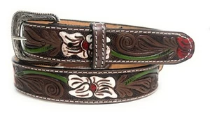 KIDS WESTERN LEATHER BELT,  GIRLS FLORAL DECORATED COWBOY COWGIRL RODEO BELT - Picture 1 of 12