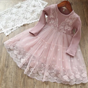 Toddler Little Girls Pink Flower Lace Knitted Tulle Tutu Long Sleeve Dress - Picture 1 of 8