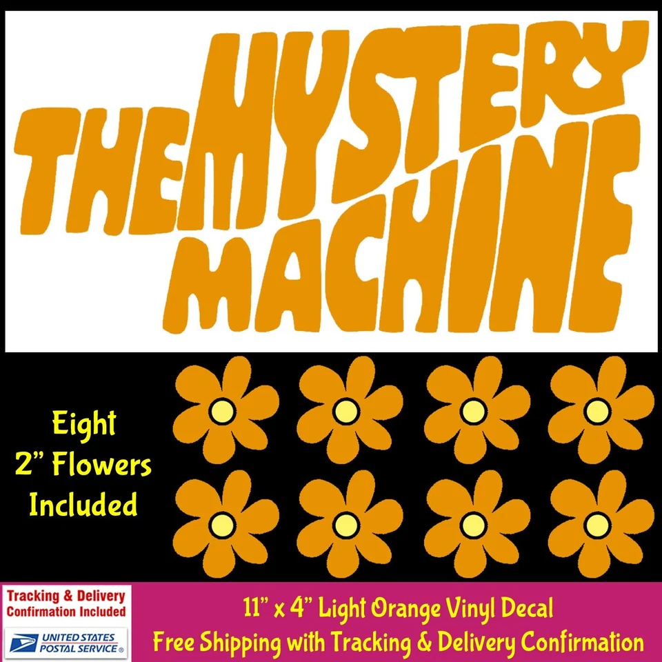 SIGNAGE CAFE The Mystery Machine 11" Logo & Hippie Flowers Orange Vinyl Decal Car Van Window