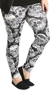 Schwarz weiß Totenkopf Druck Neuheit Stretch Leggings Mädchen Übergröße Damen neu - Bild 1 von 5