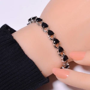 Black Onyx 925 Sterling Silver Tennis Bracelet 7.99" B17 - Picture 1 of 3