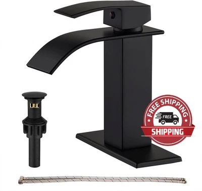 Grifo de baño negro cascada monomando con desagüe emergente y placa Foto 1 de 4