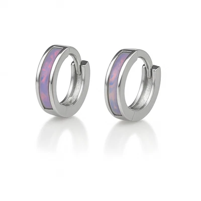 Pendientes de aro Huggie de ópalo púrpura de una fila de oro blanco de 14k Foto 1 de 2