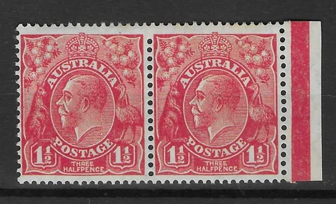 AUSTRALIA 1926-30. 1 1/2d. SCARLET VLMH HORIZONTAL PAIR PERF HOLE MISSING (6993) Cover