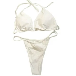 2-Piece Bikini Set, Halter Triangle Bra & Tie Side Thongs Swimsuit, SM, White - Picture 1 of 6