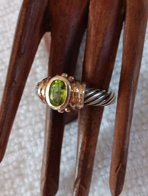  Sterling Silver & 14K Yellow Gold Peridot Cable Ring  Sz 7 - Image 1 of 4