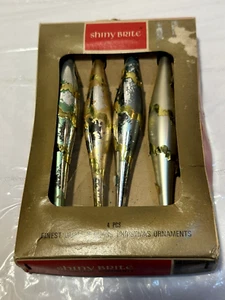 Vtg MCM Shiny Brite 5.5" Teardrop Xmas Ornaments Set Of 4 w Box Blue Silver Gold - Picture 1 of 10