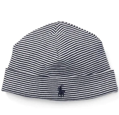 NWT POLO Ralph Lauren INFANT BOYS CAP BEANIE Cotton FRENCH NAVY STRIPE Baby OS - Image 1 of 4