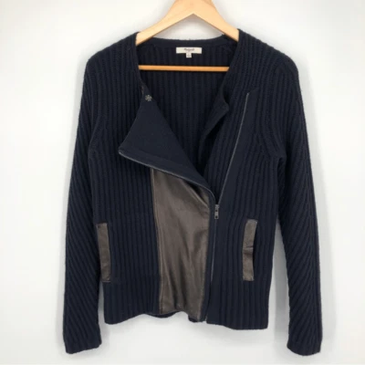 Madewell Merino Wool Leather Moto Sweater Jacket Womens S Navy Blue Black - Image 1 of 4