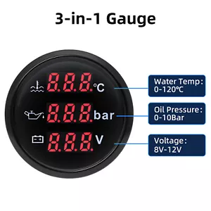 52MM 3 IN 1 Gauge Water Temp Oil Pressure Voltmeter Waterproof for Boat Car ATV - Picture 1 of 20
