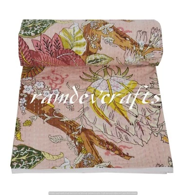 Indian Cotton Hand Block Print Kantha Bedspread Quilt Handmade Blanket Twin Size - Image 1 of 4