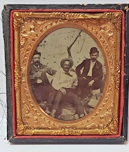 1860's Tintype Photo 3 Western Men Sitting One Drinking Half Case JRR24 - Picture 1 of 4