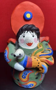 Charming Mexican Folk Art Pottery Flute Whistle 1992 Woman Holding Rooster As Is - Picture 1 of 7