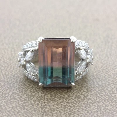 Anillo floral de platino con diamantes de turmalina bicolor Foto 1 de 4