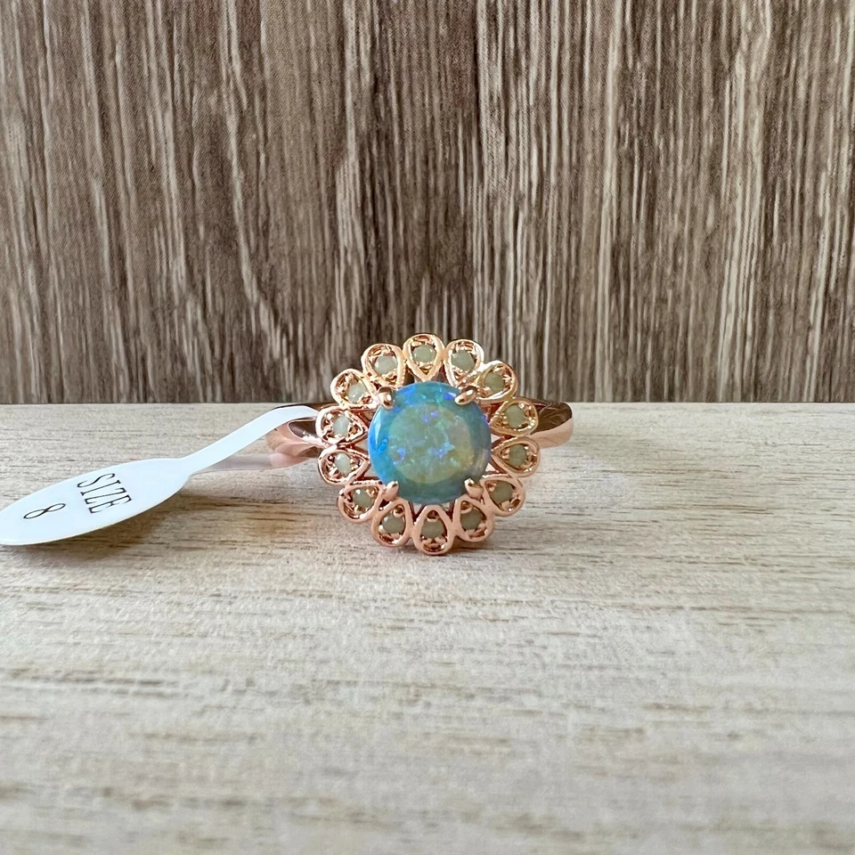 АРОМАТНЫЕ ДРАГОЦЕННОСТИ КРАСИВЫЙ СИНИЙ ОПАЛ ЦВЕТОК РОЗОВОЕ ЗОЛОТО ПОКРЫТИЕМ КОЛЬЦО РАЗМЕР США 8 - Изображение 1 из 1