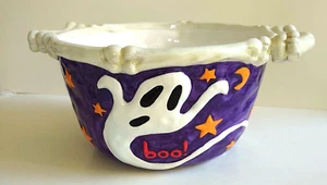 Trick Or Treat 2qt Halloween Candy Bowl Hand Painted Ceramic Ghost Boo! Bones - Picture 1 of 7