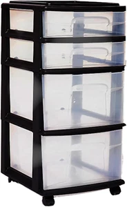 Drawer Tower, 4-Tier Clear Plastic Storage Organizer Cart, Black Frame - Picture 1 of 8
