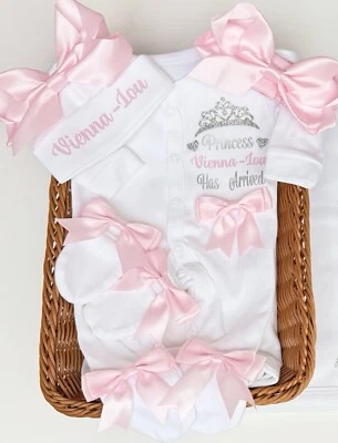 Newborn baby GIRL coming Home Outfit sleepsuit Hat Headband Mitts Bow - Image 1 of 4