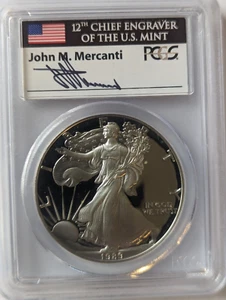 1989 S PROOF SILVER EAGLE PCGS PR69DCAM JOHN MERCANTI HAND SIGNED FLAG LABEL - Picture 1 of 3