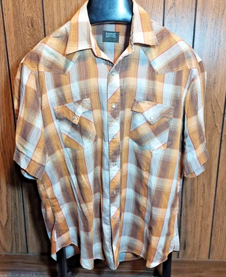vintage 70s Fenton Western Wear shirt XL short sleeve brown plaid sparkly - Image 1 of 4