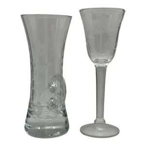Etched Glass Vase & Wine Glass Set Floral Design Bud Vase Stemware - Picture 1 of 5