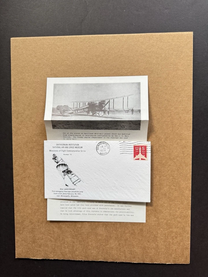 US 1974 Flight Millstone Cover#12 +1st-Emergency-Parachute-Jump-US-Plane +Info - Image 1 of 1
