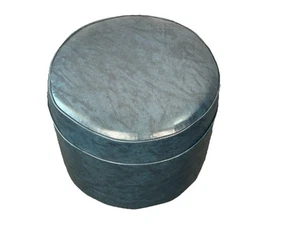 Vintage Mid Century Modern Round Blue Vinyl Hassock Ottoman Footstool MCM 17X14 - Picture 1 of 5