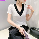 Westkoreanische Damen Colorblock V-Ausschnitt Mode Sommer Freizeit T-Shirt Oberteile Bluse