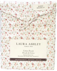 Laura Ashley 4-teiliges Baumwollperkal Lakenset Evie Blumen Paprika Rosa Grün Queen - Bild 1 von 1