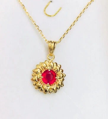 14k Solid Yellow Gold Cable Link Chain Pendant W/Natural Round Ruby(5.18GM) - Image 1 of 4