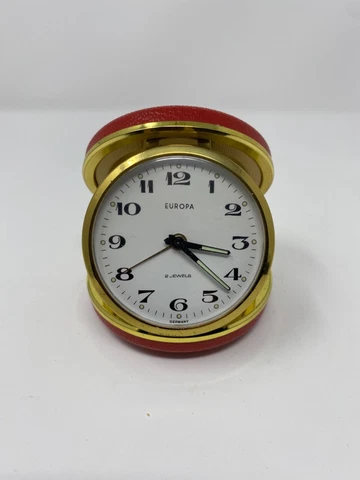 Vintage EUROPA Travel Alarm Clock 2 Jewels Germany Round Orange WORKING Cover