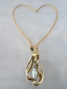 VINTAGE MODERNIST FREE FORM 14K SOLID GOLD GENUINE NATURAL AKOYA PEARL NECKLACE - Picture 1 of 17