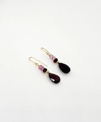 14k Yellow Gold Garnet Briolette and Pink Topaz Drop Dangle Earrings - Image 1 of 4